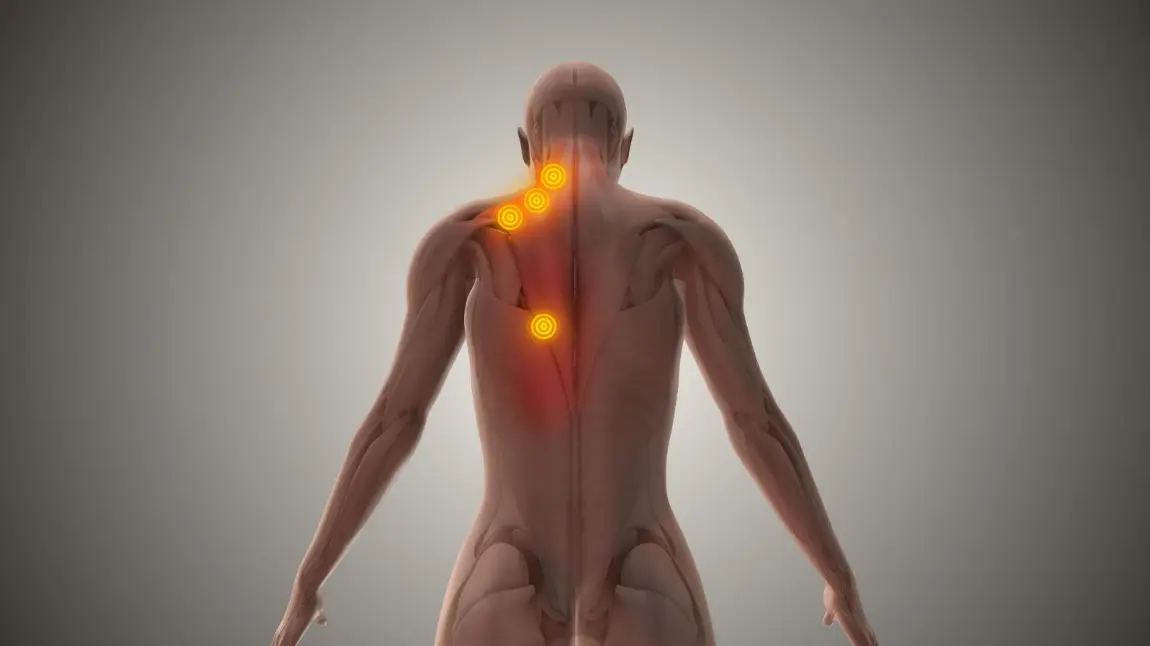 Medical illustration of a human back showing highlighted trigger points in the neck and upper back associated with myofascial pain.